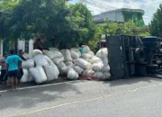 Truk Pengangkut Sekam Terguling di Trenggalek, Sopir Selamat