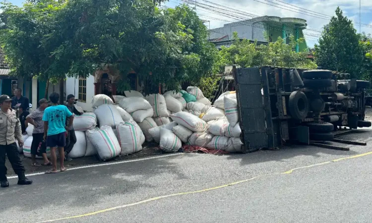 Truk Pengangkut Sekam Terguling di Trenggalek, Sopir Selamat